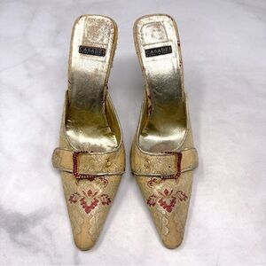 CASADEI Vintage 80s 90s Jacquard Floral Mule Pump Pointed Toe Heels Y2K Gold 6